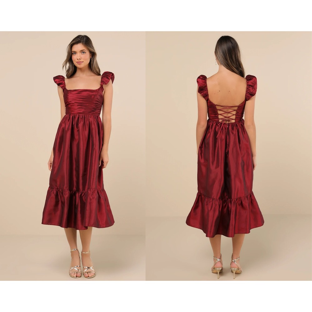 Lulus Poised Passion Wine Red Taffeta Pleated Ruffled Midi Dress Size Large